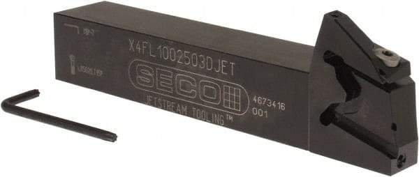 Seco - X4 Jet, External, Left Hand, 0.256" Max Depth of Cut, 0.031 to 0.118" Groove Width, Indexable Grooving Tool Holder - X4GK25..L Insert Compatibility, 1" Shank Height, 1" Shank Width, 6" OAL, Through Coolant - Eagle Tool & Supply