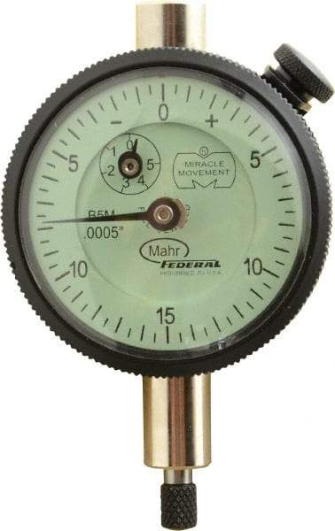 Mahr - 0.075" Range, 0-15-0 Dial Reading, 0.0005" Graduation Dial Drop Indicator - 1-3/4" Dial, 0.03" Range per Revolution, 0.0005" Accuracy, Revolution Counter - Eagle Tool & Supply