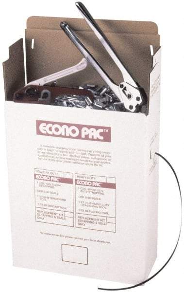 Value Collection - 7,200 Inch Long x 1/2 Inch Wide x 0.025 Inch Thick, Heavy Duty Polypropylene Strapping Kit - 500 Lbs Tensile Strength, Contains Self Dispensing Box, Polypropylene Strapping, 1,000 Seals, Tensioner Tool and Crimper Tool - Eagle Tool & Supply