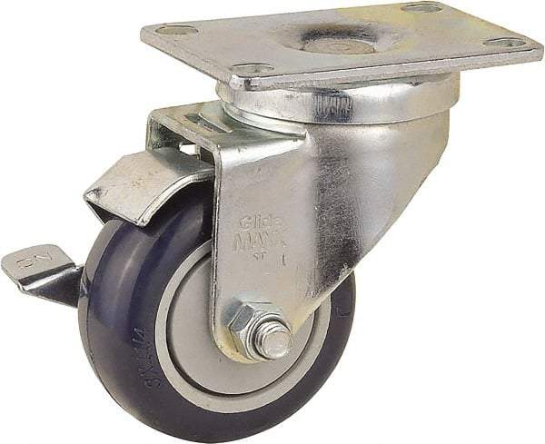 Value Collection - 3" Diam x 1-1/4" Wide x 4-3/8" OAH Top Plate Mount Swivel Caster with Brake - Polyurethane, 300 Lb Capacity, Ball Bearing, 2-7/8 x 3-5/8" Plate - Eagle Tool & Supply