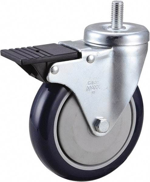 Value Collection - 5" Diam x 1-1/4" Wide x 6-15/32" OAH Stem Mount Swivel Caster with Brake - Polyurethane, 300 Lb Capacity, Ball Bearing, 1/2-13 x 1" Threaded Stem - Eagle Tool & Supply