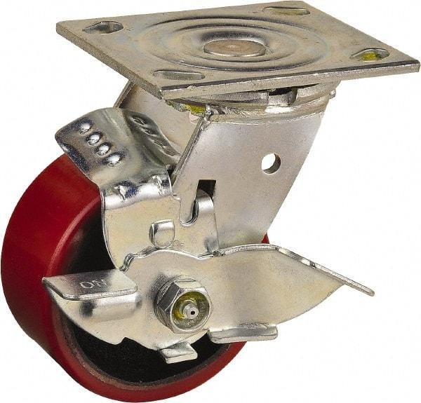 Value Collection - 4" Diam x 2" Wide x 5-5/8" OAH Top Plate Mount Swivel Caster with Brake - Polyurethane, 700 Lb Capacity, Roller Bearing, 4 x 4-1/2" Plate - Eagle Tool & Supply