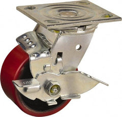 Value Collection - 4" Diam x 2" Wide x 5-5/8" OAH Top Plate Mount Swivel Caster with Brake - Polyurethane, 700 Lb Capacity, Roller Bearing, 4 x 4-1/2" Plate - Eagle Tool & Supply