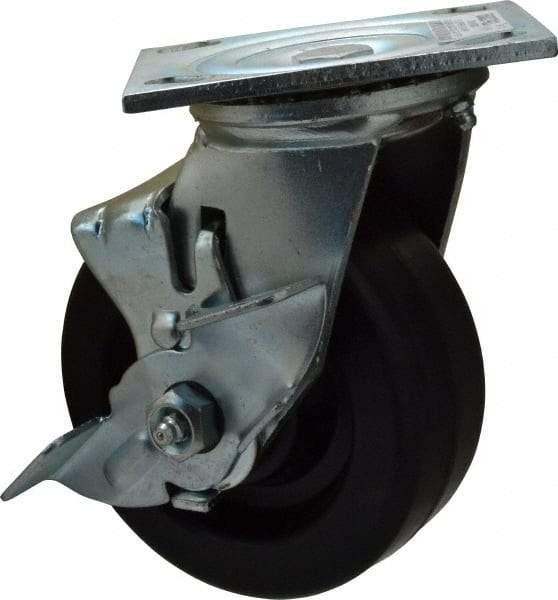 Value Collection - 5" Diam x 2" Wide x 6-1/2" OAH Top Plate Mount Swivel Caster with Brake - Phenolic, 1,000 Lb Capacity, Roller Bearing, 4 x 4-1/2" Plate - Eagle Tool & Supply