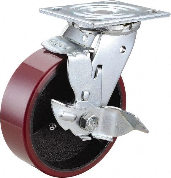 Value Collection - 6" Diam x 2" Wide x 7-1/2" OAH Top Plate Mount Swivel Caster with Brake - Polyurethane, 1,200 Lb Capacity, Roller Bearing, 4 x 4-1/2" Plate - Eagle Tool & Supply