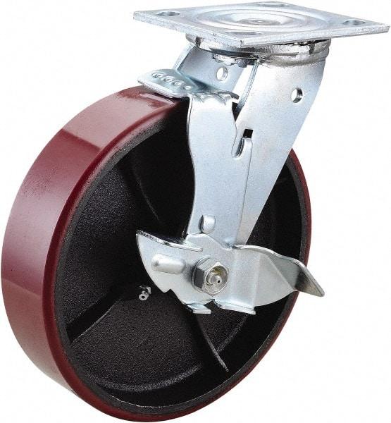 Value Collection - 8" Diam x 2" Wide x 9-1/2" OAH Top Plate Mount Swivel Caster with Brake - Polyurethane, 1,200 Lb Capacity, Roller Bearing, 4 x 4-1/2" Plate - Eagle Tool & Supply