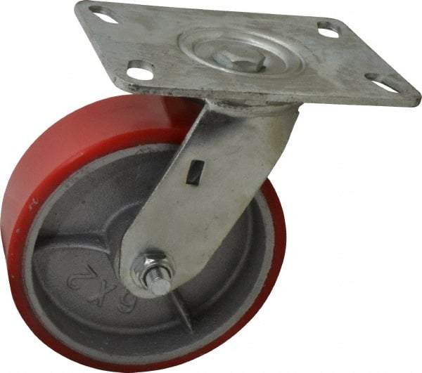 Fairbanks - 6" Diam x 2" Wide x 7-1/2" OAH Top Plate Mount Swivel Caster - Polyurethane, 1,000 Lb Capacity, Roller Bearing, 4-1/2 x 6-1/4" Plate - Eagle Tool & Supply
