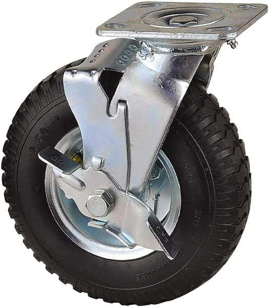 Value Collection - 8" Diam x 2" Wide, Pneumatic Swivel with Brake Caster - 300 Lb Capacity, Top Plate Mount, 4" x 4-1/2" Plate, Sealed Ball Bearing - Eagle Tool & Supply