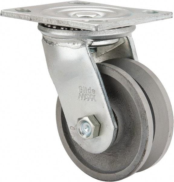 Value Collection - 4" Diam x 1-1/2" Wide, Metal With Groove Swivel Caster - 600 Lb Capacity, Top Plate Mount, 4" x 4-1/2" Plate, Roller Bearing - Eagle Tool & Supply