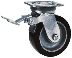 Albion - 5" Diam x 2" Wide x 6-1/2" OAH Top Plate Mount Swivel Caster with Brake - Polyurethane, 900 Lb Capacity, Roller Bearing, 4 x 4-1/2" Plate - Eagle Tool & Supply