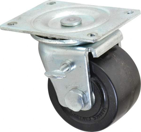 Albion - 3" Diam x 1-13/16" Wide x 3-31/32" OAH Top Plate Mount Swivel Caster with Brake - Phenolic, 700 Lb Capacity, Roller Bearing, 3-1/8 x 4-1/8" Plate - Eagle Tool & Supply