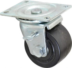 Albion - 3" Diam x 1-13/16" Wide x 3-31/32" OAH Top Plate Mount Swivel Caster with Brake - Phenolic, 700 Lb Capacity, Roller Bearing, 3-1/8 x 4-1/8" Plate - Eagle Tool & Supply