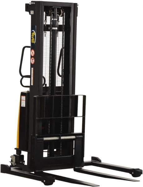 Vestil - 2,000 Lb Capacity, 118" Lift Height, Battery Powered Stacker - 2-1/8" Lowered Height, 42" Fork Length, 58" Overall Width - Eagle Tool & Supply