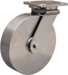 Hamilton - 8" Diam x 2" Wide x 9-1/2" OAH Top Plate Mount Swivel Caster - Forged Steel, 1,600 Lb Capacity, Stainless Steel Double Shielded Precision Ball Bearing, 4 x 5" Plate - Eagle Tool & Supply