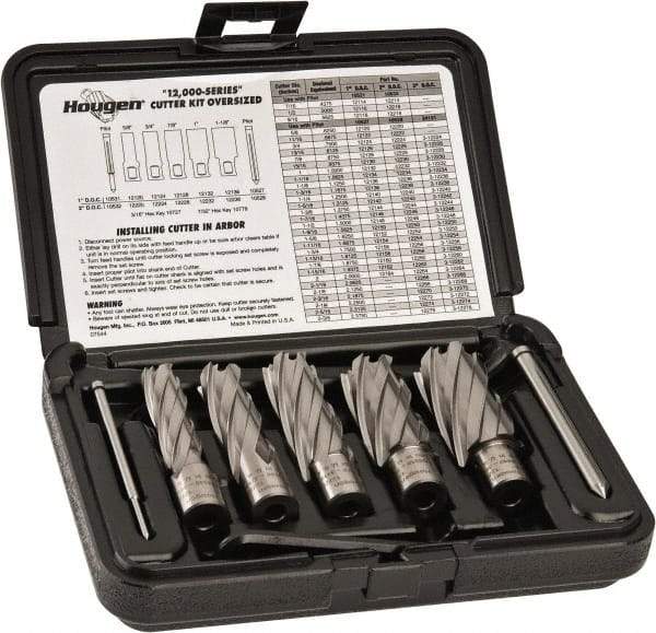 Hougen - 8 Piece, 5/8 to 1-1/8" Cutter Diam, 2" Cutting Depth, High Speed Steel Annular Cutter Set - Bright Finish, 3/4" Shank Diam, 5/8, 3/4, 7/8, 1, 1-1/8" Cutter Diams, 2 Flats on Shank - Eagle Tool & Supply