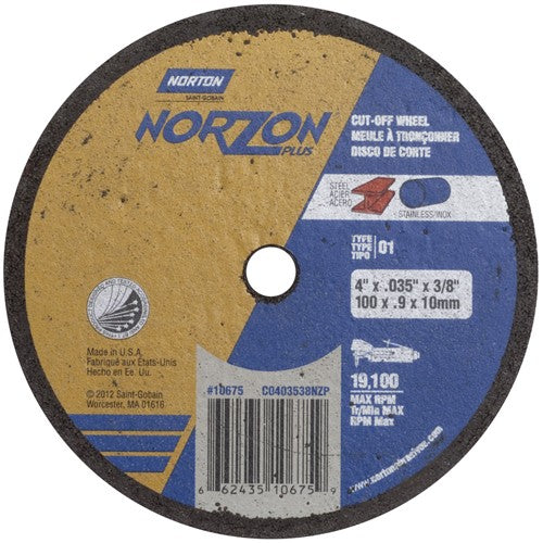 4″ × 0.035″ × 3/8″ NorZon Plus Small Diameter Cut-Off Wheel Type 01 Straight Aluminum Oxide - Eagle Tool & Supply