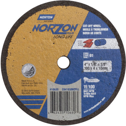 4″ × 1/8″ × 3/8″ NorZon Plus Small Diameter Cut-Off Wheel Type 01 Straight Aluminum Oxide - Eagle Tool & Supply