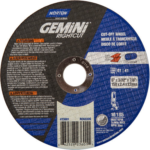6″ × 0.090″ × 7/8″ Gemini Right Angle Cut-Off Wheel Type 01 Straight 46 Grit - Eagle Tool & Supply