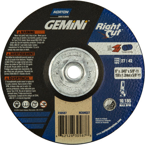 ‎6 x .045 × 5/8 - 11″ Gemini RightCut Cutting Wheel A 24 Q Type 27/42 - Eagle Tool & Supply