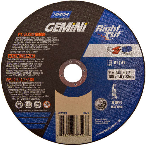 7″ × 0.060″ × 7/8″ Gemini Right Angle Cut-Off Wheel Type 01 Straight Aluminum Oxide - Eagle Tool & Supply