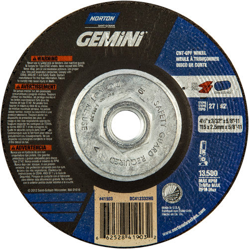 ‎4-1/2 × 3/32 × 5/8 - 11″ Gemini Cutting Wheel A 30 Q BDA Type 27/42 - Eagle Tool & Supply
