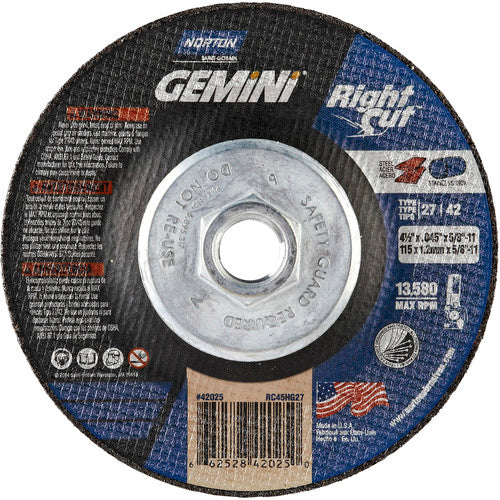 ‎4-1/2 x .045 × 5/8 - 11″ Gemini RightCut Cutting Wheel A 24 T BDA3 Type 27/42 - Eagle Tool & Supply