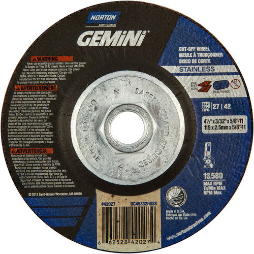 ‎4-1/2 × 3/32 × 5/8 - 11″ Gemini INOX/SS Cutting Wheel A 30 Q BDA Type 27/42 - Eagle Tool & Supply