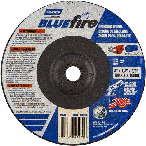 4″ × 1/4″ × 3/8″ BlueFire Non-Woven Depressed Center Wheel Type 27 Zirconia Alumina / Aluminum Oxide - Eagle Tool & Supply