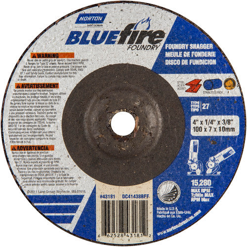 4″ × 1/4″ × 3/8″ BlueFire Non-Woven Depressed Center Wheel Type 27 Zirconia Alumina / Aluminum Oxide - Eagle Tool & Supply