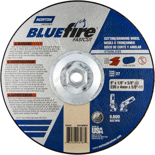 9″ × 1/8″ × 5/8″ BlueFire Non-Woven Depressed Center Wheel Type 27 Zirconia Alumina / Aluminum Oxide - Eagle Tool & Supply