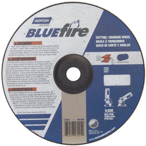 9″ × 1/8″ × 7/8″ BlueFire Non-Woven Depressed Center Wheel Type 27 Zirconia Alumina / Aluminum Oxide - Eagle Tool & Supply