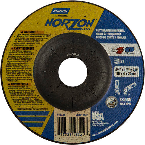 ‎4-1/2″ × 1/8″ × 7/8″ NorZon Plus Non-Woven Depressed Center Wheel Type 27 - Eagle Tool & Supply