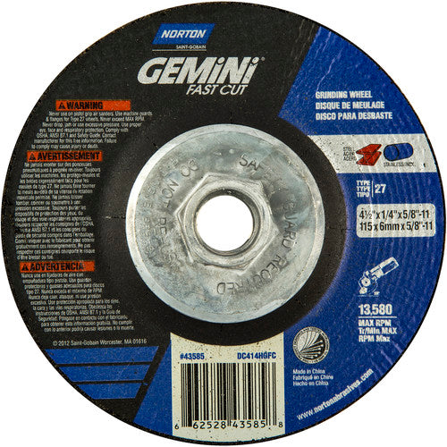 ‎4-1/2 × 1/4 × 5/8 - 11″ Gemini Fast Cut Grinding Wheel A 24 N BDA Type 27 - Eagle Tool & Supply