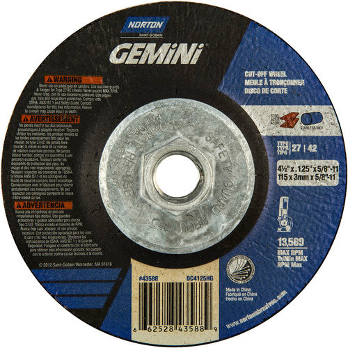 ‎4-1/2 x .125 × 5/8 - 11″ Gemini Cutting Wheel A 24 T BDA3 Type 27/42 - Eagle Tool & Supply