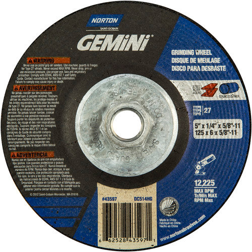 ‎5 × 1/4 × 5/8 - 11″ Gemini Grinding Wheel A 24 S BDA Type 27 - Eagle Tool & Supply