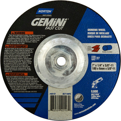 ‎7 × 1/4 × 5/8 - 11″ Gemini Fast Cut Grinding Wheel A 24 N Type 27 - Eagle Tool & Supply