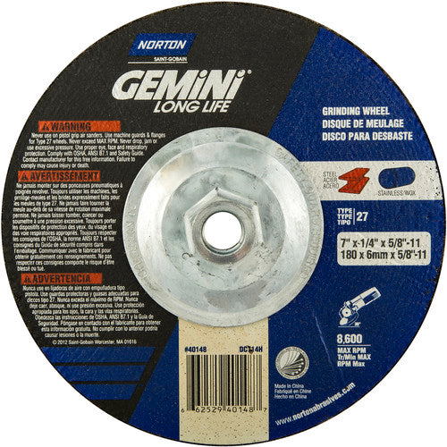 ‎7 × 1/4 × 5/8 - 11″ Gemini Long Life Grinding Wheel A 24 S Type 27 - Eagle Tool & Supply