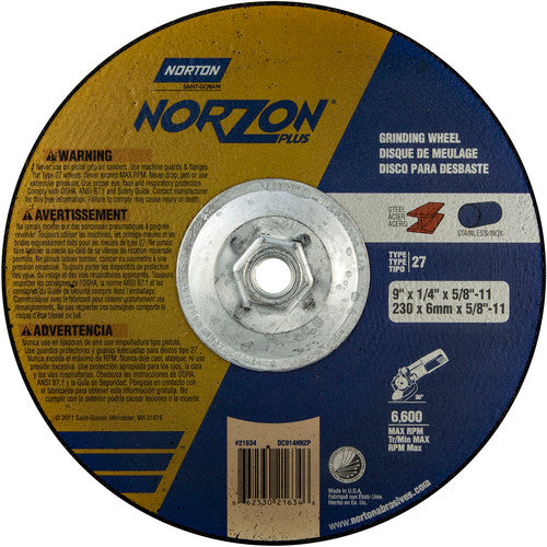 9″ × 1/4″ × 5/8″ NorZon Plus Non-Woven Depressed Center Wheel Type 27 - Eagle Tool & Supply