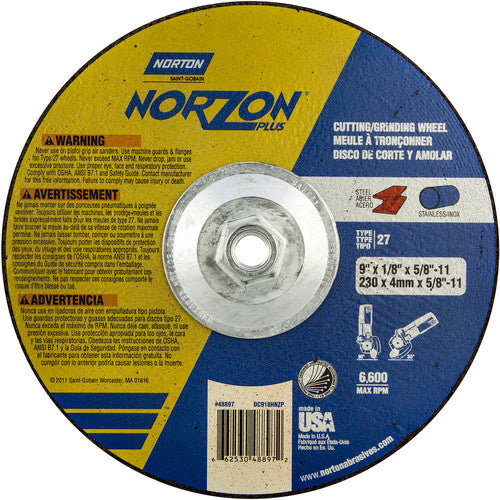 9″ × 1/8″ × 5/8″ NorZon Plus Non-Woven Depressed Center Wheel Type 27 - Eagle Tool & Supply
