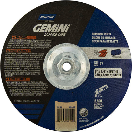‎9 × 1/4 × 5/8 - 11″ Gemini Long Life Grinding Wheel A 24 R Type 27 - Eagle Tool & Supply