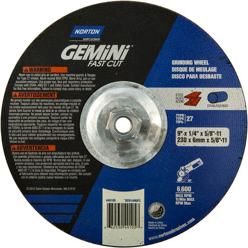 ‎9 × 1/4 × 5/8 - 11″ Gemini Fast Cut Grinding Wheel A 24 N Type 27 - Eagle Tool & Supply