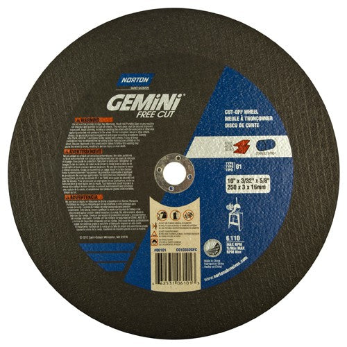 10″ × 0.09375″ × 5/8″ Gemini Stationary Saw Type 01 Straight Cut-Off Wheel Aluminum Oxide - Eagle Tool & Supply