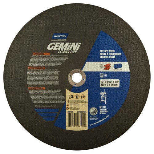 10″ × 0.09375″ × 5/8″ Gemini Stationary Saw Cut-Off Wheel Aluminum Oxide - Eagle Tool & Supply