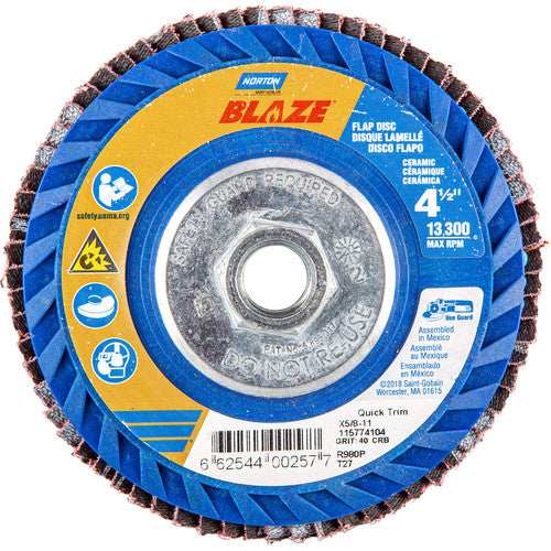 ‎4-1/2 × 5/8 - 11″ Blaze Plastic Flat Flap Disc Type 27 40 Grit R980P Premium Ceramic Alumina - Eagle Tool & Supply