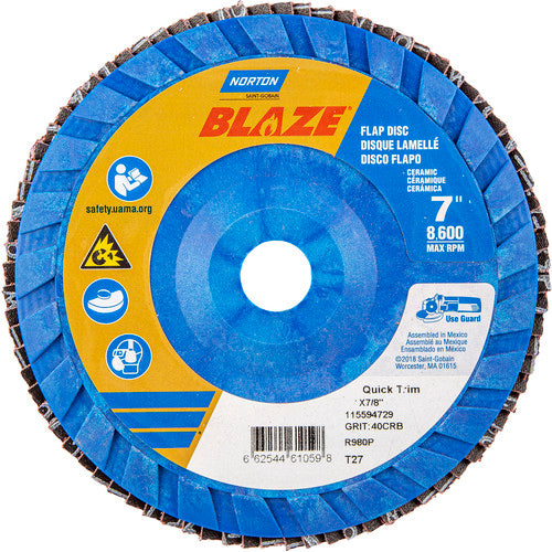 7 × 7/8″ Blaze Plastic Flat Flap Disc Type 27 40 Grit R980P Premium Ceramic Alumina - Eagle Tool & Supply