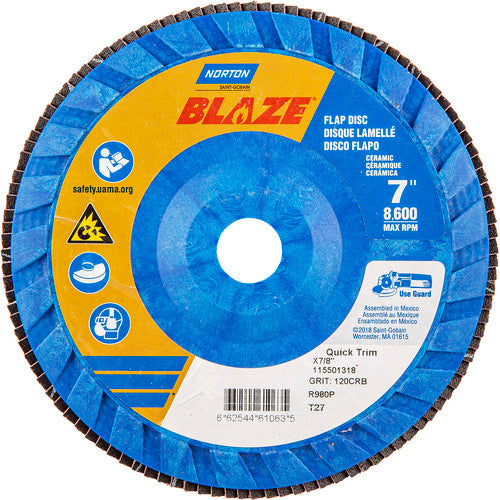 7 × 7/8″ Blaze Plastic Flat Flap Disc Type 27 120 Grit R980P Premium Ceramic Alumina - Eagle Tool & Supply