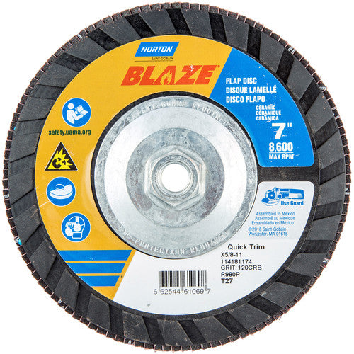 ‎7 × 5/8 - 11″ Blaze Plastic Flat Flap Disc Type 27 120 Grit R980P Premium Ceramic Alumina - Eagle Tool & Supply