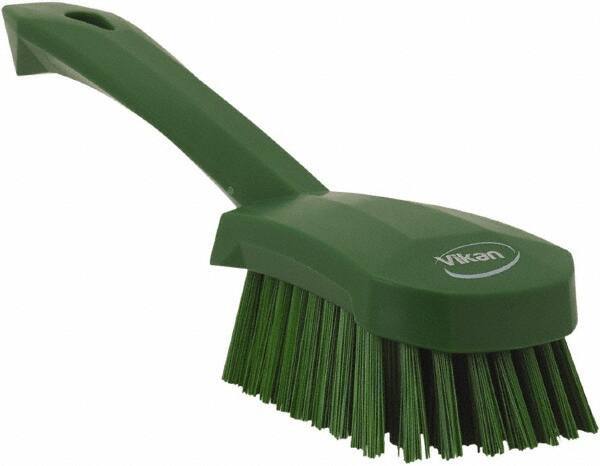 Vikan - 1.3" Bristle Length, Polyester Scrub Brush - 4-1/4" Long x 2-3/4" Wide Head, 10" OAL, Green, Polypropylene Block - Eagle Tool & Supply