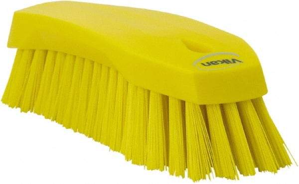 Vikan - 1.3" Bristle Length, Polyester Utility Scrub Brush - 7" Long x 3" Wide Head, 8" OAL, Yellow, Polypropylene Block - Eagle Tool & Supply