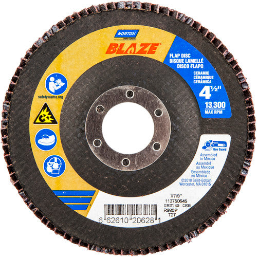 ‎4-1/2 × 7/8″ Blaze Fiberglass HD Flat Flap Disc Type 27 40 Grit R980P Premium Ceramic Alumina - Eagle Tool & Supply